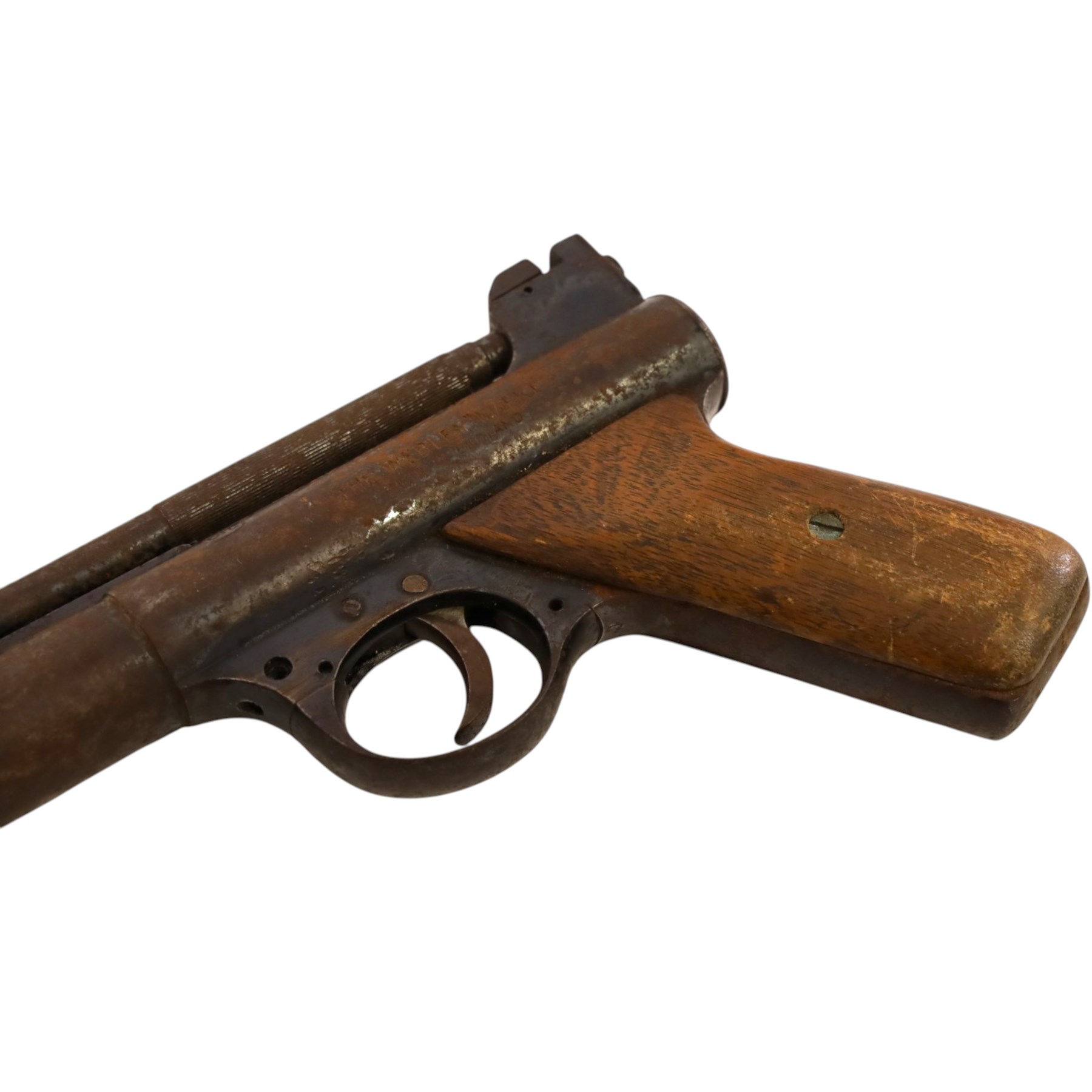 Webley Mark I .177 air pistol, the air chamber marked 'Webley Mark I Made in England, Webley & Scott Ltd Birmingham