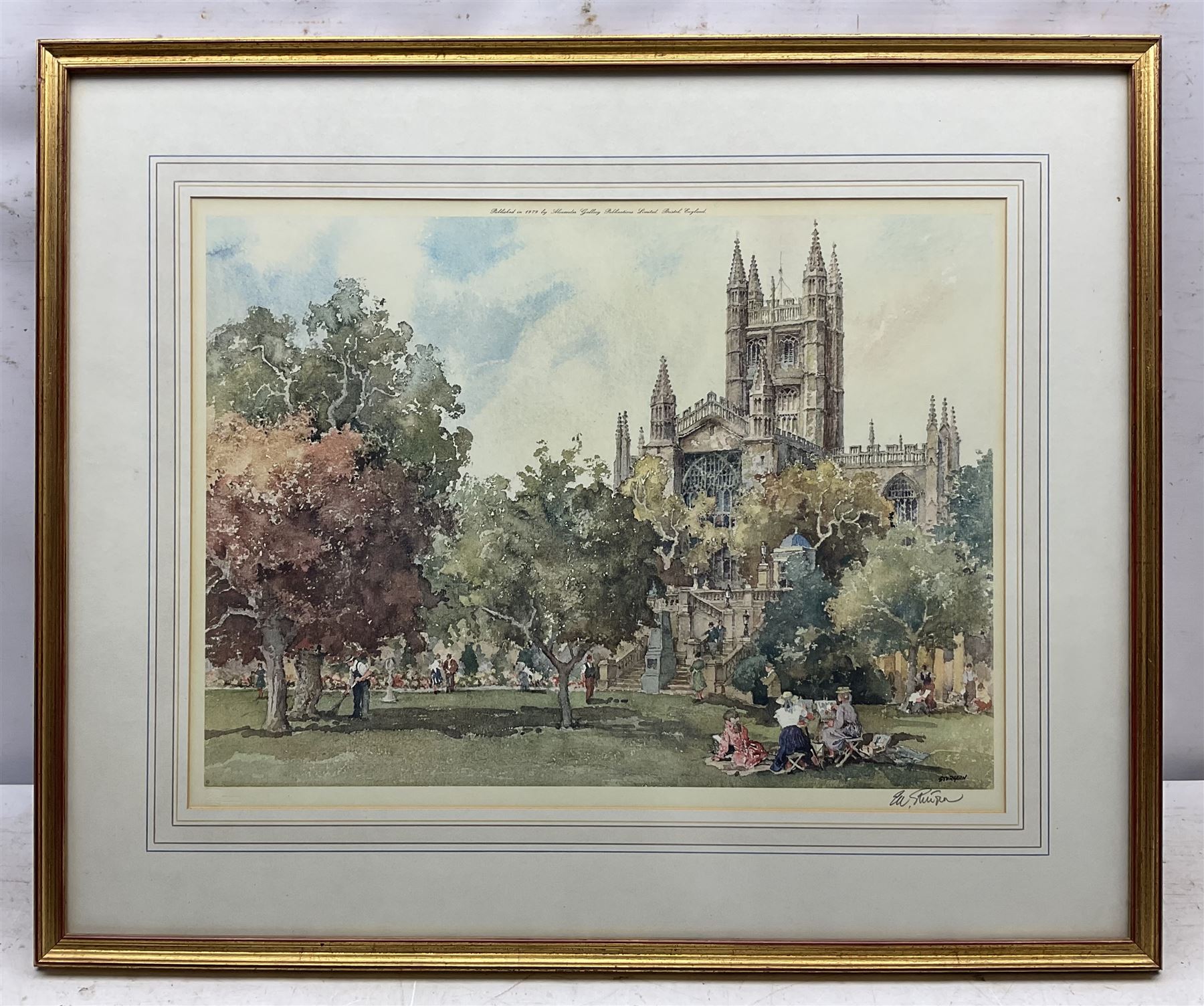 Eric R. Sturgeon (British 1920-1999): 'The Palace Gatehouse Wells', 'Bath Abbey', 'Pulteney Bridge' and 'Wells Cathedral', set of four lithographs signed in pencil and blind stamped, together with a print of Labradors, signed 'Logan' and numbered in pencil max. 43cm x 58cm (5)