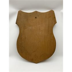 Five wooden shield plaques for mounting taxidermy of various sizes, largest H67cm, D51cm. 