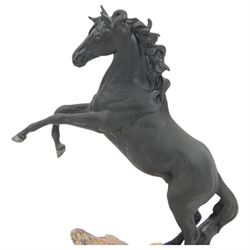 Beswick Cancara The Black Horse, designed by J. G. Tongue, modelled rearing horse on a naturalistic stony ground, upon a circular plinth with engraved title plaque, with certificate and in original box, H46cm 