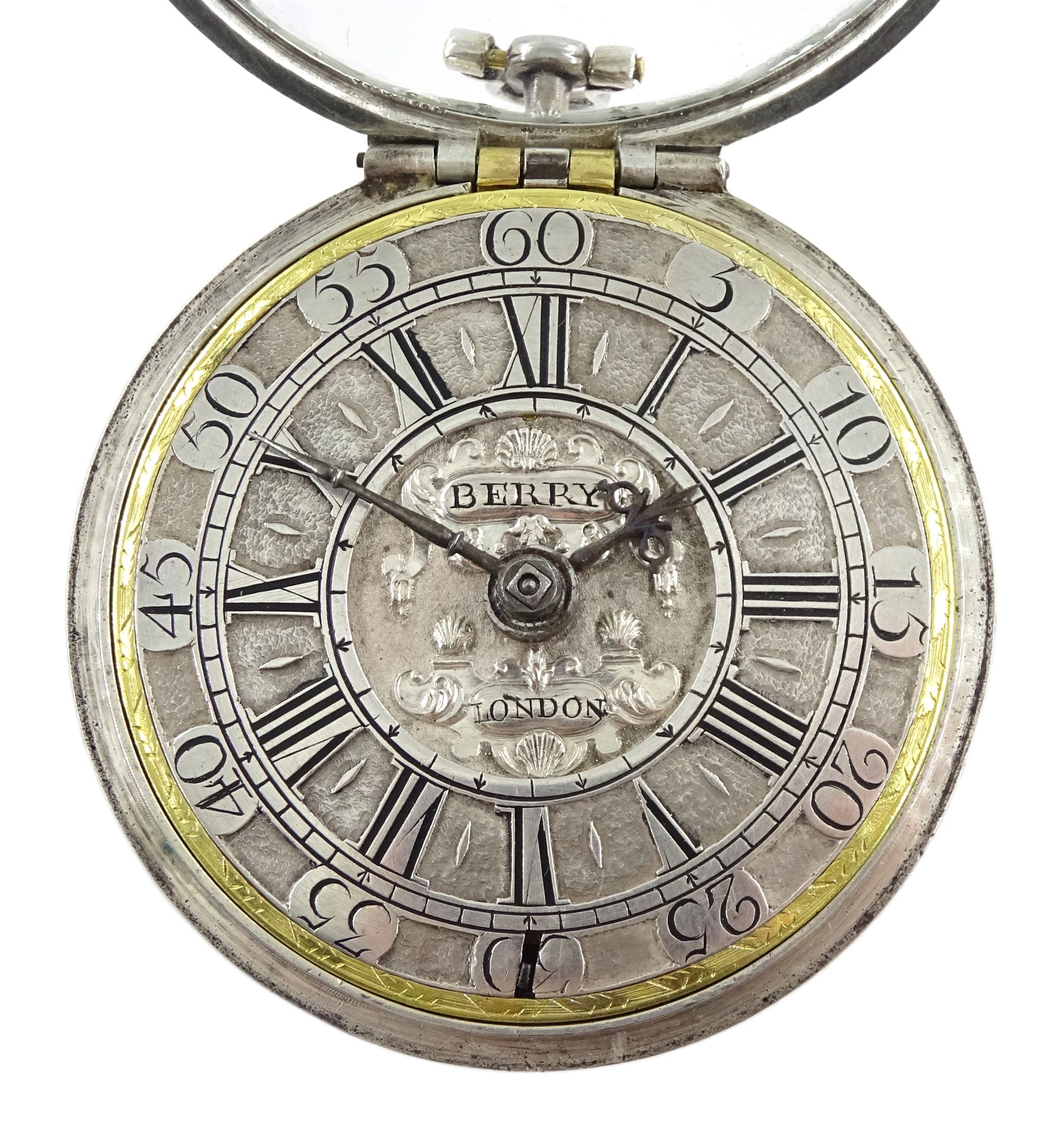 18th century silver pair cased verge fusee pocket watch by John Berry, London, No. 750, Egyptian pillars, pierced and engraved balance cock with scallop shell decoration, silver champleve dial with gilt border, Roman hours and outer Arabic minute ring, steel beetle and poker hands, dial signed Berry London
