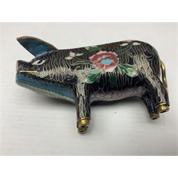 Enamel pig, together with studio pottery cows, glass paperweights etc 