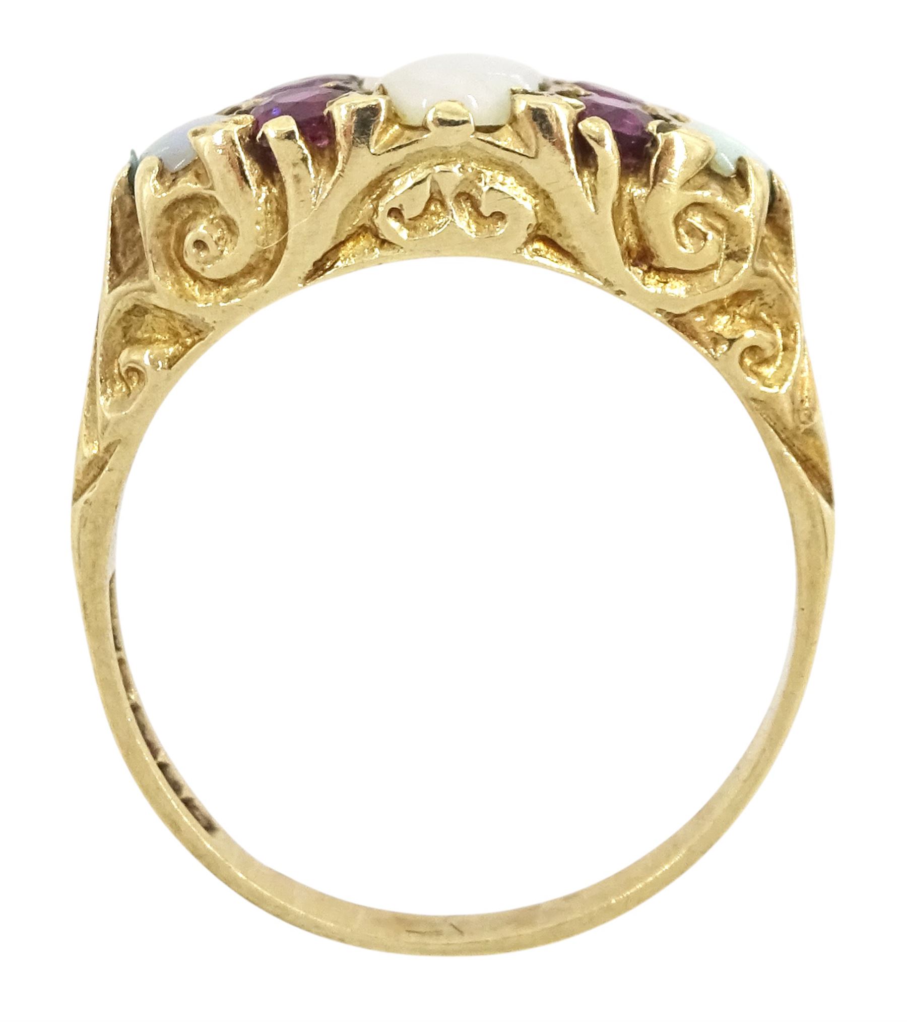 9ct gold three stone opal and four stone ruby ring, Birmingham 1976