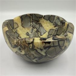 Polished septarian bowl, with a calcite and siderite within limestone rock, D16cm H8cm