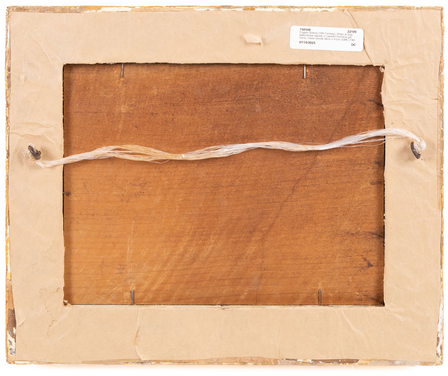 English School (19th Century): Ships at Sea, watercolour signed, in carved Florentine gilt frame, frame overall 34cm x 41cm; GWC (19th Century): Scarborough Beach, watercolour signed with monogram and dated '06, 9cm x 13cm (2)