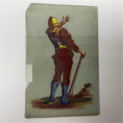 Four glass panels, each hand painted and depicting a soldier in different period uniforms, H15cm, L10cm