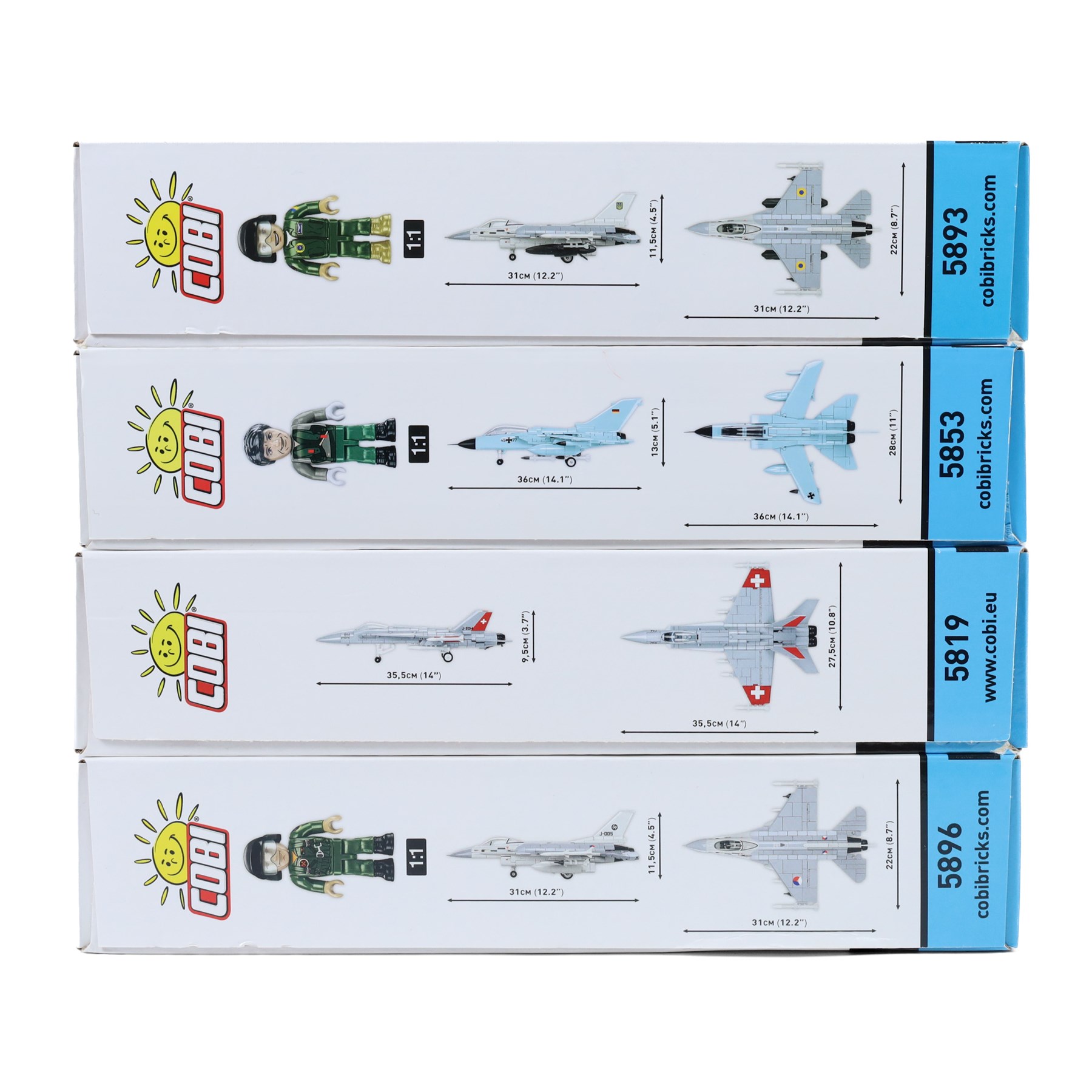 Four Cobi Bricks 1:48 scale Armed Forces sets, comprising no. 5819 F/A-18C Hornet, no. 5853 Panavia Tornado IDS, no. 5893 F-16 AM Fighting Falcon and no.5896 F-16 AM Fighting Falcon, all in sealed boxes