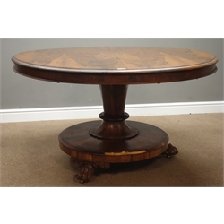  Victorian rosewood breakfast table, circular tilt top, tapered column on platform, three carved paw feet, metal plaque 'Improved Circular Loo Table' underneath, D131cm, H75cm (no bolts)  