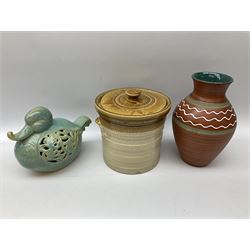 Quantity of studio pottery to include square section vase decorated with blossoming branches, other studio pottery to include jugs, bowls, vases etc, with various marks, duck egg b,J.E. bowl stamped Buchan, continental pottery, other stoneware pottery to include glazed jar with lid etc