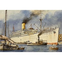 Keith Glen (British Contemporary): RMS Strathden at Port Said Egypt, watercolour signed, titled verso 25cm x 37cm
