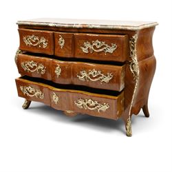 Colombo Mobili - Italian Louis XV design kingwood and marquetry bombé commode chest, the shaped marble top with moulded edge, fitted with an assortment of three shaped short drawers over two long, each with parquetry veneered facias and rocaille shaped gilt metal handles and escutcheons, flanked by gilt metal cartouche mounts with scroll and foliate detail, shaped apron on splayed bracket feet