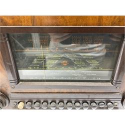 Mid 20th century Marconi valve radio with Bakelite knobs and buttons, H51cm W44cm D25cm