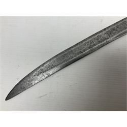 Late 18th century sword, the Spanish 79.5cm curving fullered blade engraved with the Royal Cypher, battle trophies and 'Viva Espania' banner, French Sabre de Mineur brass three-bar hilt with ebonised reeded grip L93.5cm overall (no scabbard)