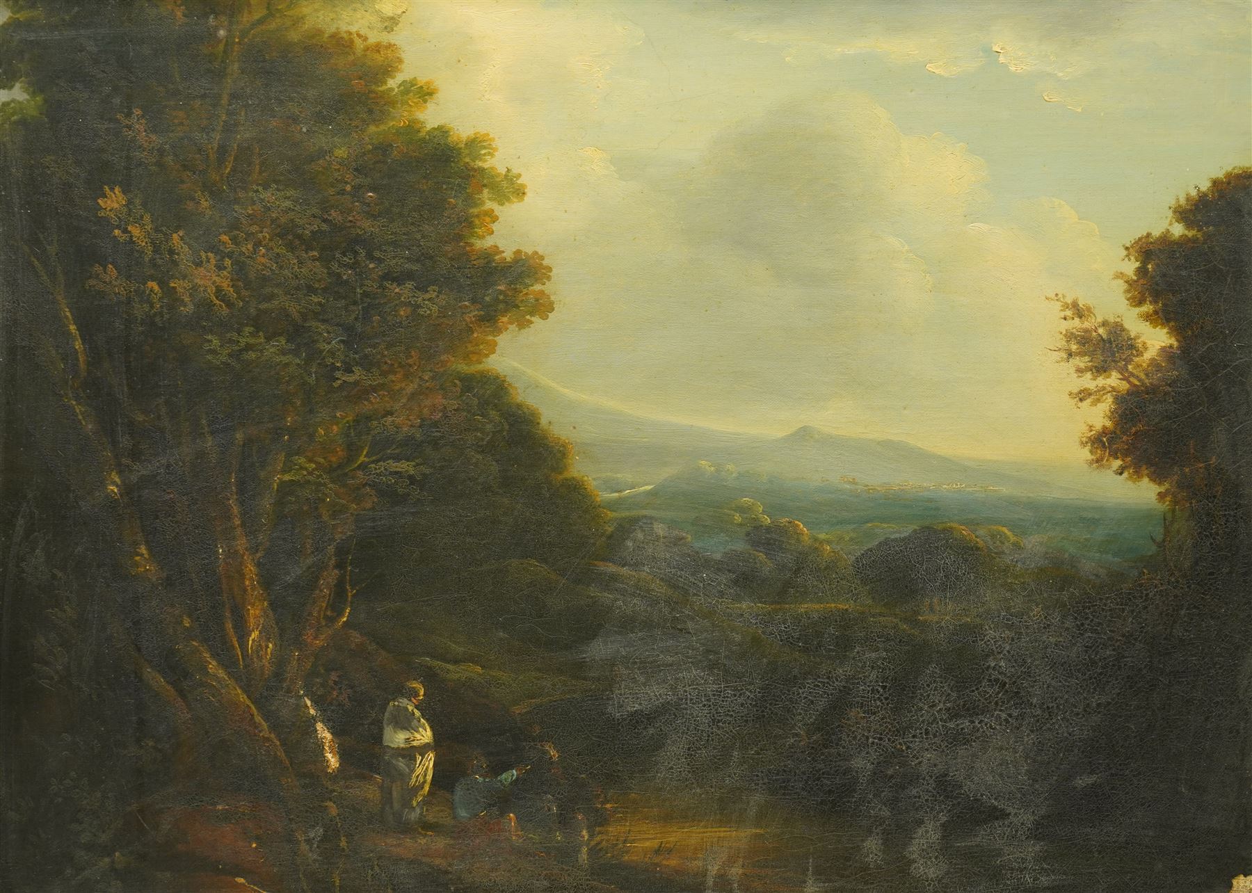 English School (19th Century): Travellers looking towards a Mountain, oil on canvas unsigned, in swept gilt frame 53cm x 74cm