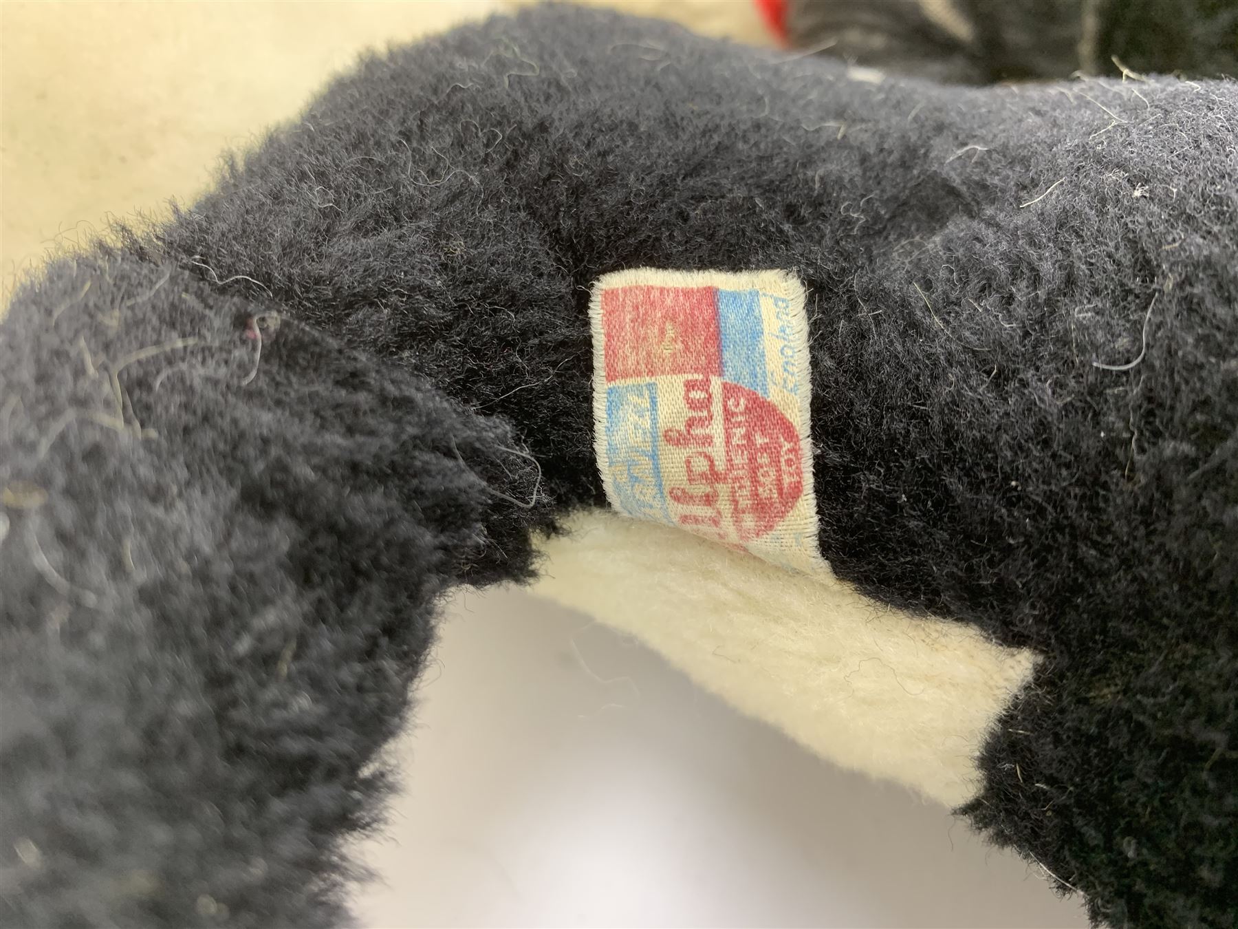 Seven English panda bears c1930s-50s including two Pedigree with plastic dog type noses H11.5