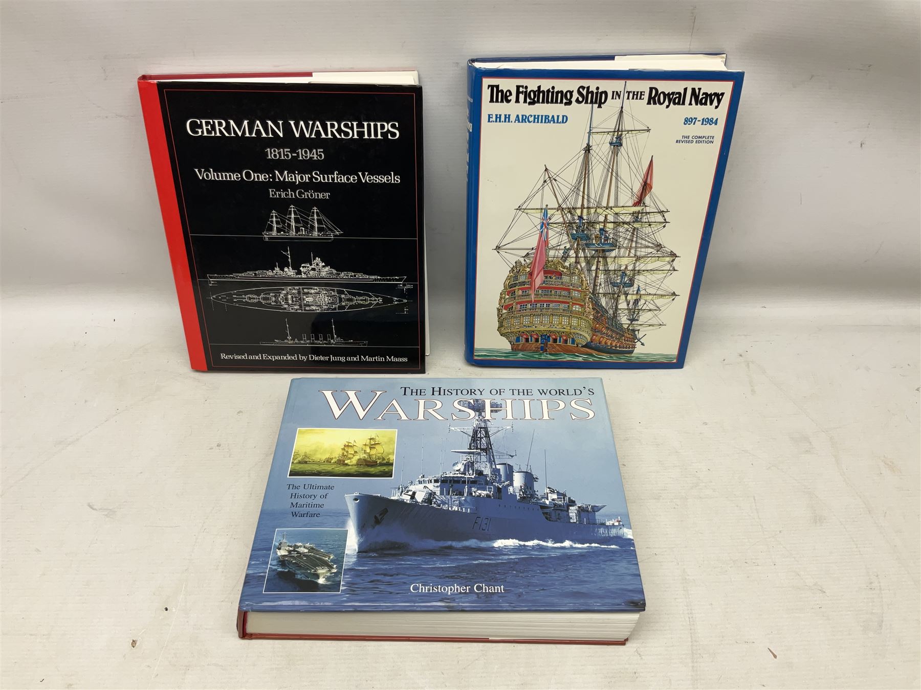 Twenty-seven books of maritime and naval interest including Archibald: The Fighting Ship in the Royal Navy; Chant: The History of the World's Warships; Groner: German Warships 1815-1945; books on seapower, destroyers, battleships, cruisers, seamanship etc