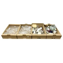 Lladro figure of a girl holding a lamb no.4505, Nao figure, Wedgwood glass mushroom paperweight, set of engraved glasses, other glassware, ceramics and metalware etc in four boxes