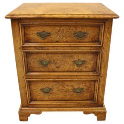 Small 20th century burr oak chest, the figured top over three graduated drawers with mould...