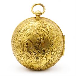18th century French open face gilt verge fusee pocket watch by Jacques Panier, Paris, Egyptian pillars and pierced balance cock, embossed gilt dial with enamelled Roman numerals cartouches and inner enamel quarter hour track ring, the repousse back case decorated with angels in a classical setting