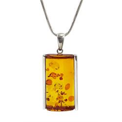 Silver rectangular Baltic amber pendant necklace, stamped 925