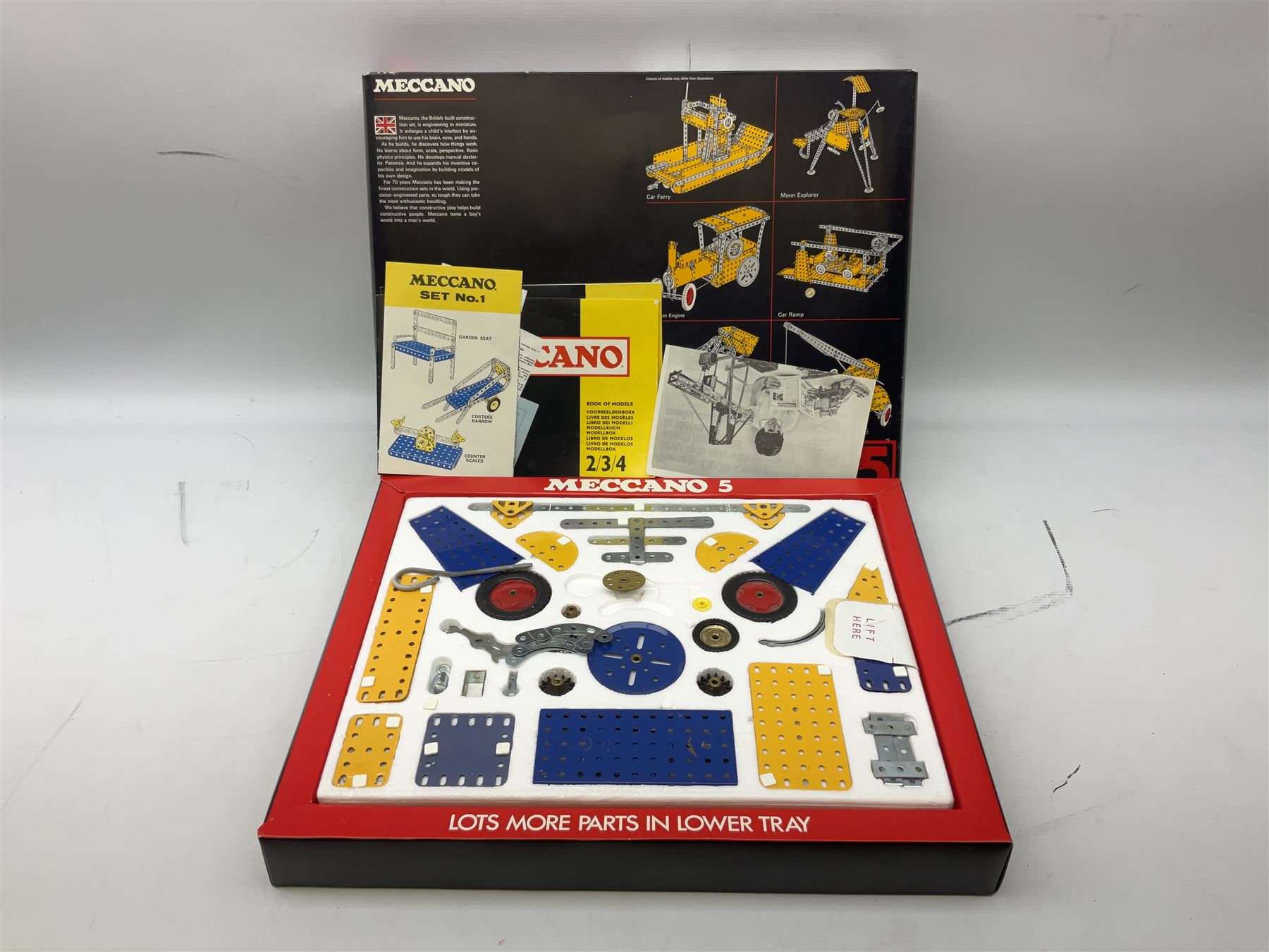 Meccano - Set No.5 with instruction booklets and Set 1+1X Conversion Set; both boxed; Adman Grandstand TV Game; boxed; Parker Colditz Board Game; and four Waddingtons Board Games including Cube Fusion, Totopoly, Golf Winks and Buccaneer; all boxed (8)