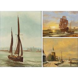 Continental School (20th Century): Shipping Scenes, two oils on panel and one on canvas va...