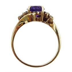 9ct gold oval amethyst and six stone diamond ring, hallmarked