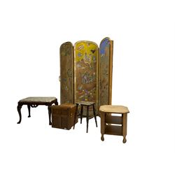 Small oak panelled cupboard; octagonal three-tier side table, carved four legged stool, cabriole stool with drop-in seat; three-fold screen (5)