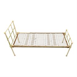 19th century wrought iron single bed, white frame with knot details, frame with wire and spring supports