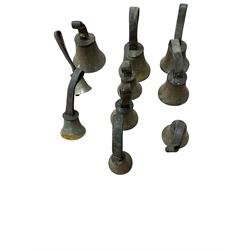 Collection of 44 late 19th century brass church/musical handbells with leather straps by James Shaw Brothers of Bradford and bells marked G.W. possibly cast by the George Welch bell foundry, London.
The number of bells and stated notation, some at different pitch, is as follows;
5 “C”, 4 “D”, 5 “E”, 4 “F”, 5 “G”, 5 “A”, 6 “B”.
3 “F#”, 4 “C#”,1 “Db”, 1 “G#”, 1”A#”.
Two of the bells are minus their clappers and one bell has no leather strap.
