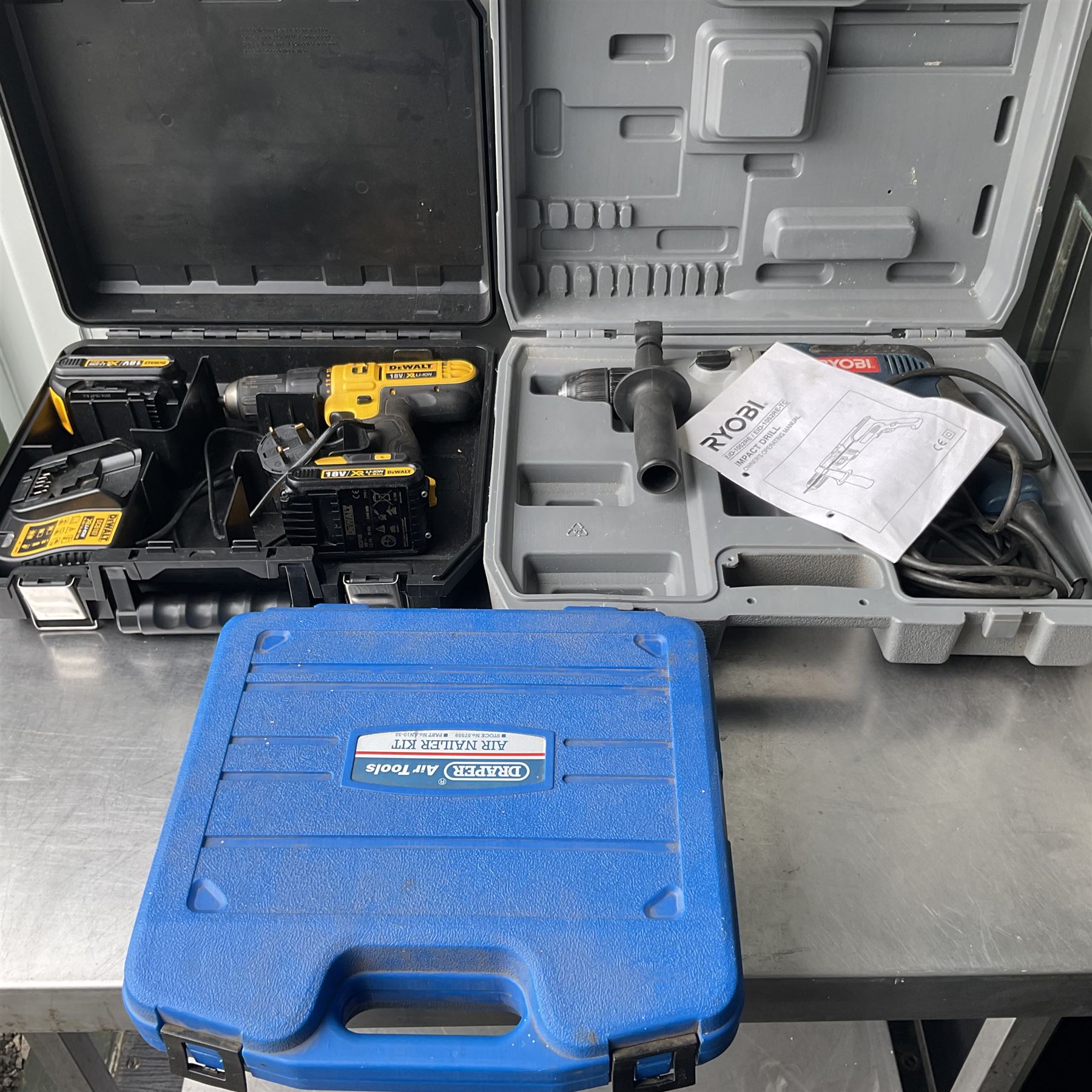 Ryobi electric drill, DeWalt battery drill and draper air nailer kit  - THIS LOT IS TO BE COLLECTED BY APPOINTMENT FROM DUGGLEBY STORAGE, GREAT HILL, EASTFIELD, SCARBOROUGH, YO11 3TX