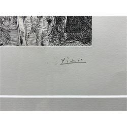 Pablo Picasso (Spanish 1881-1973): 'La Célestine présentant ses deux pensionnaires à deux clients' [Series 347], etching pub. Galerie Louise Leiris, Paris 1968 signed and numbered 37/50, 8.5cm x 12cm