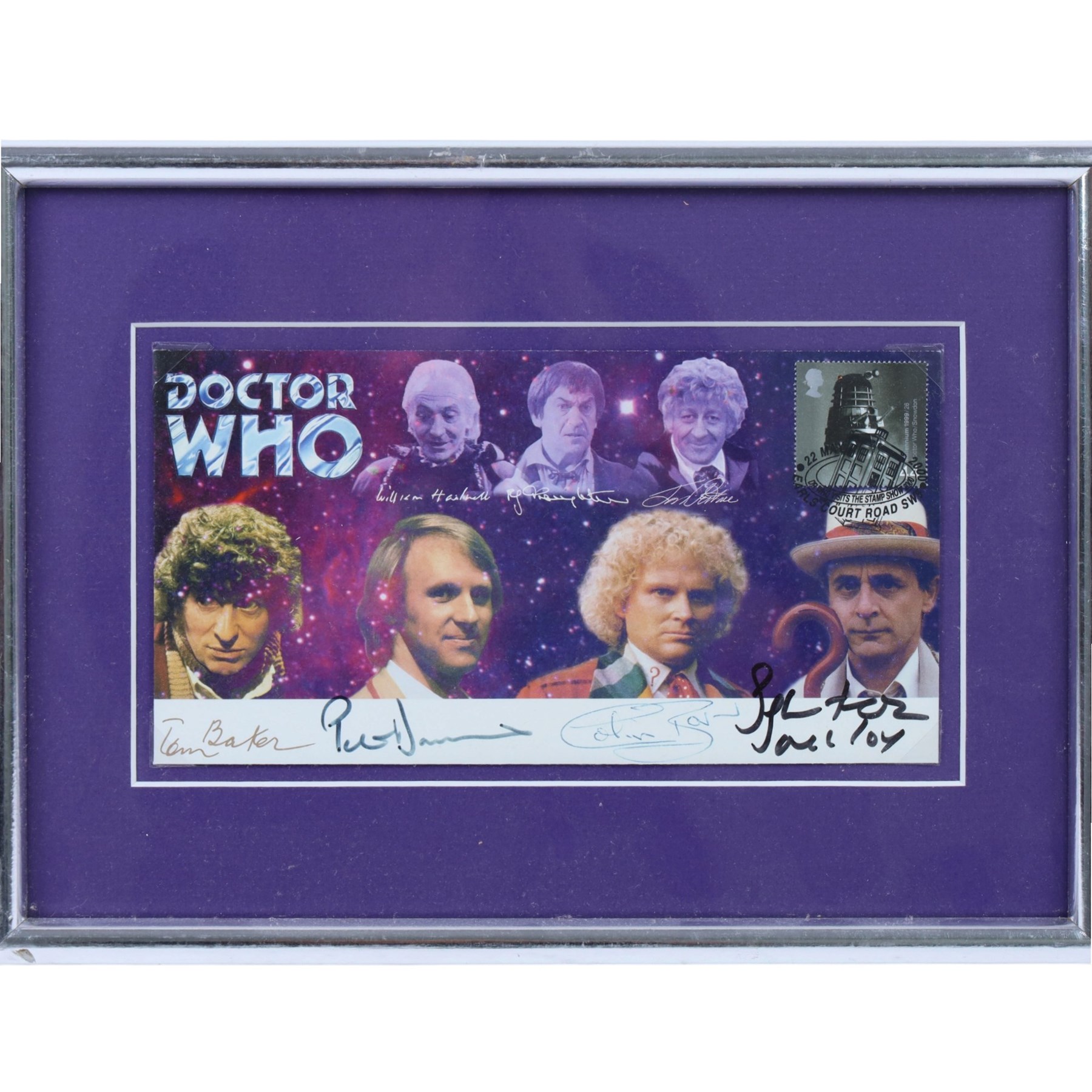 Doctor Who prints and signed memorabilia, including first day cover with signatures of Tom Baker, Peter Davidson, Colin Baker and Sylvester McCoy, signed print of Katy Manning, print of Billy Piper and Christopher Ecclestone with spurious signatures, Tardis print, etc