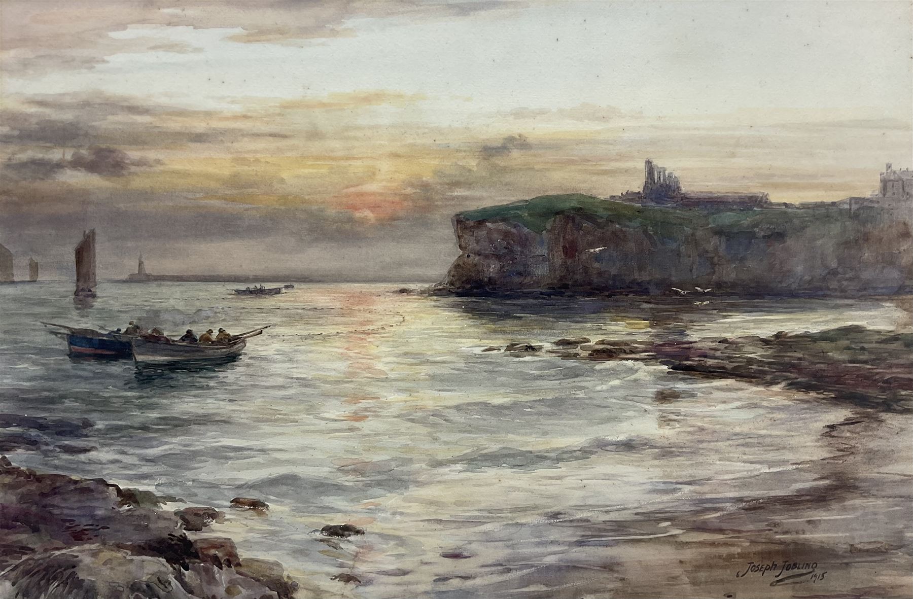 Joseph Jobling (British 1870-1930): Sunrise over Tynemouth and the Abbey, watercolour signed and dated 1915, 29cm x 45cm 
Provenance: private collection, purchased David Duggleby Ltd 8th March 2010, Lot 92