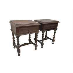 Pair of Portuguese bedside tables, rectangular top over single drawer, raised on turned supports united by stretcher
