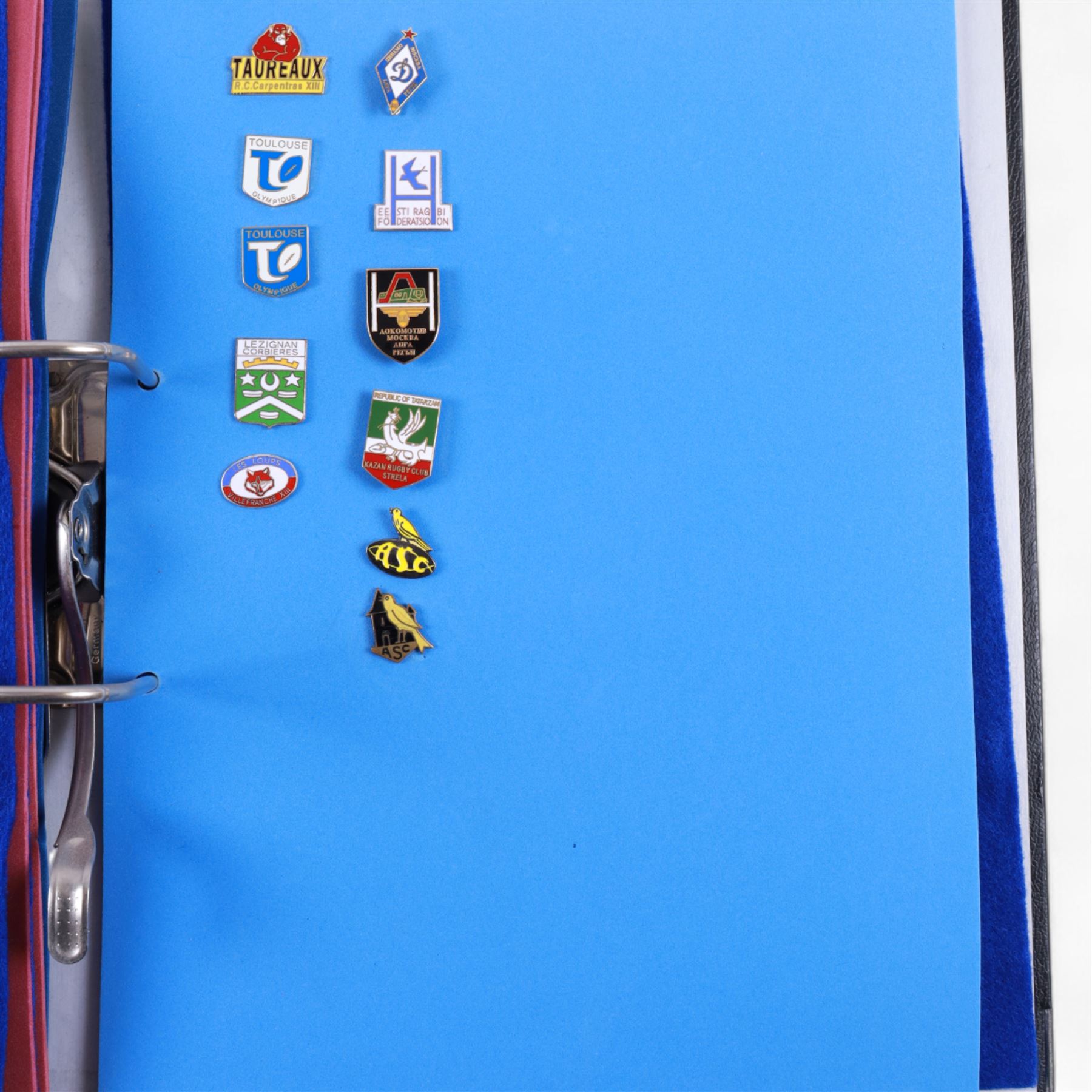 Rugby league enamel badge collection, from clubs including Leeds Rhinos, Lancashire Lynx, Leigh Centurions, London Broncos, Trafford Borough,Toulouse,  Belle Vue Rangers, Carlisle, Nottingham City Outlaws, housed in two folders, (approximately 280)