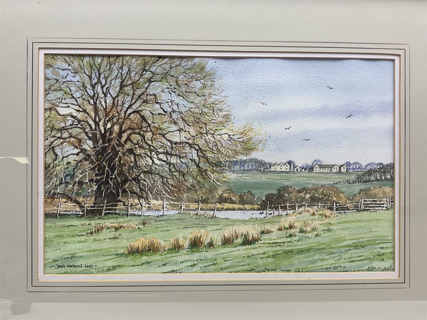 David Newbould (British 1938-2018): 'Ledston Hall from Newton Ings' Castleford, watercolour signed and dated 2000, titled verso 26cm x 43cm; R Battye (British 20th century): Swans on the Canal, watercolour signed watercolour signed 25cm x 35cm (2)
