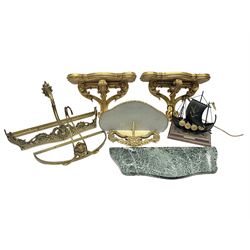 Five various giltwood and other hall brackets, one with marble top; and Viking ship table lamp