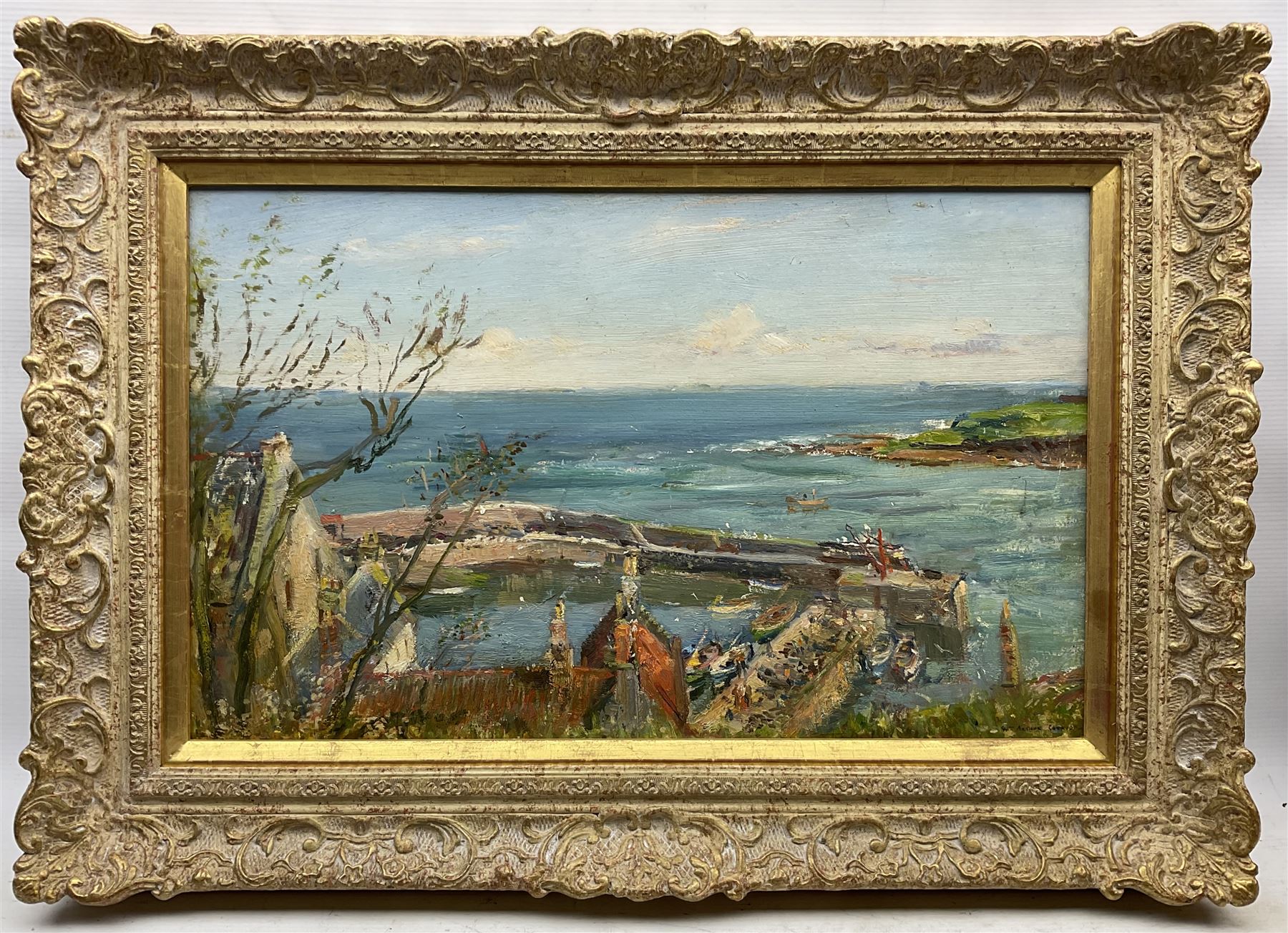 William Arthur Laurie Carrick (Scottish 1879-1964): View over Stonehaven Harbour, oil on board signed 34cm x 55cm
