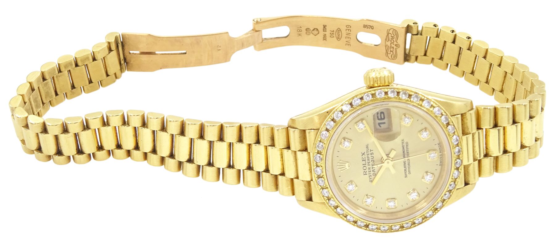 Rolex Oyster perpetual Datejust ladies 18ct gold automatic wristwatch, circa 1995, Ref. 69178, serial No. W687714, champagne dial with diamond hour markers, aftermarket diamond bezel and original gold bezel, on 18ct gold Rolex president bracelet with fold-over clasp, hallmarked, boxed with service guarantees