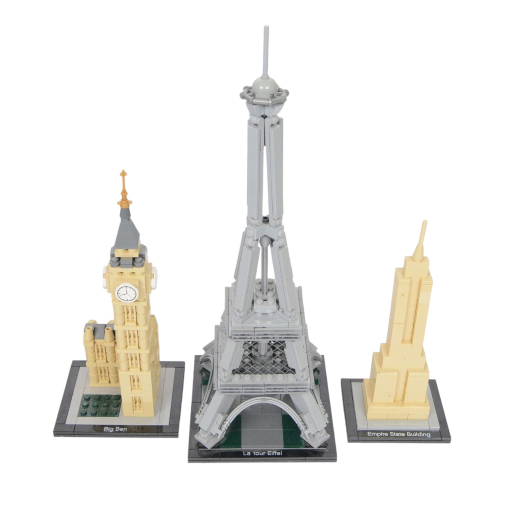 Four Lego architecture sets, comprising Empire State Building, The Eiffel Tower, Empire State Building and Big Ben, built with instructions, White House with box, tallest H33cm