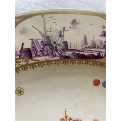 Large and impressive 18th century Meissen dish, finely painted with a chinoiserie scene to a central shaped reserve, depicting figures and attendants engaged in various pursuits, the reserve with gilt scrollwork edge, filled with Böttger lustre and detailed with iron red scrollwork, surrounded by flower heads, the rim with four quatrofoil Kauffahrtei scene panels of merchants and figures by a quayside in purple monochrome, with gilt scroll border, with under glazed blue crossed swords mark, and gilt gilders mark, D39cm
