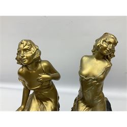Pair of Art deco period plaster figures, depicting a seated females upon  naturalist base, impressed marks 113 RD78089, H42cm