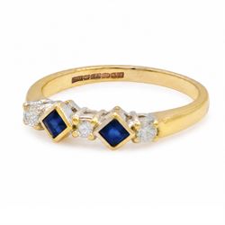 9ct gold sapphire and diamond ring, two square cut sapphires spaced by three round brilliant cut diamonds, hallmarked, total diamond weight approx 0.20 carat