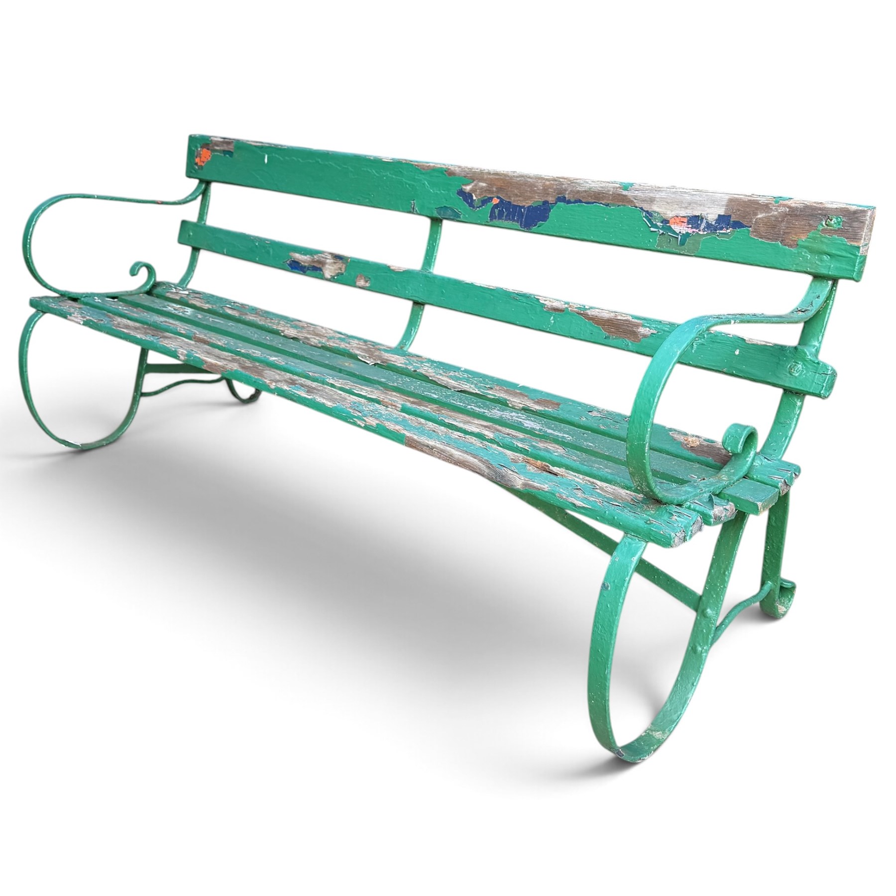 Antique Regency design green-painted wrought iron and slatted garden bench, the scrolled loop-form strapwork end supports fitted with a slatted timber back and seat