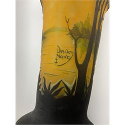 Reproduction Daum Nancy art nouveau style overlay and cut glass vase  decorated with woodland and a lake scene on a yellow ground, H35cm. 