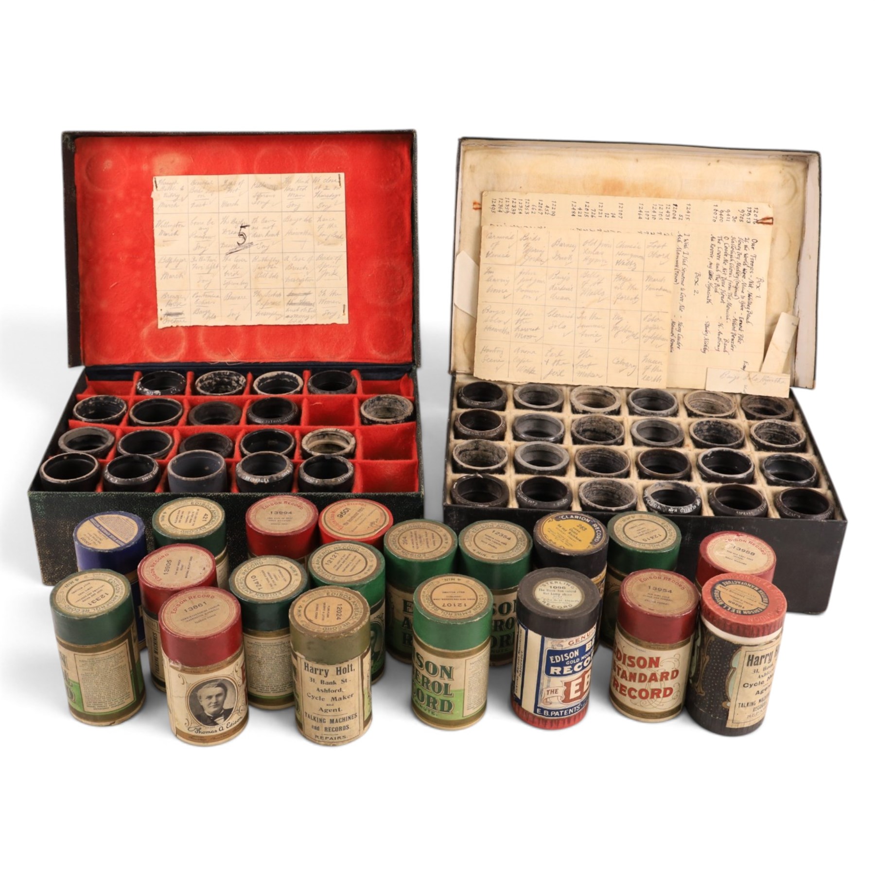 Early 20th century Edison Standard phonograph, in oak case, serial number S179930, together with a large brass phonograph horn and a collection of wax cylinders