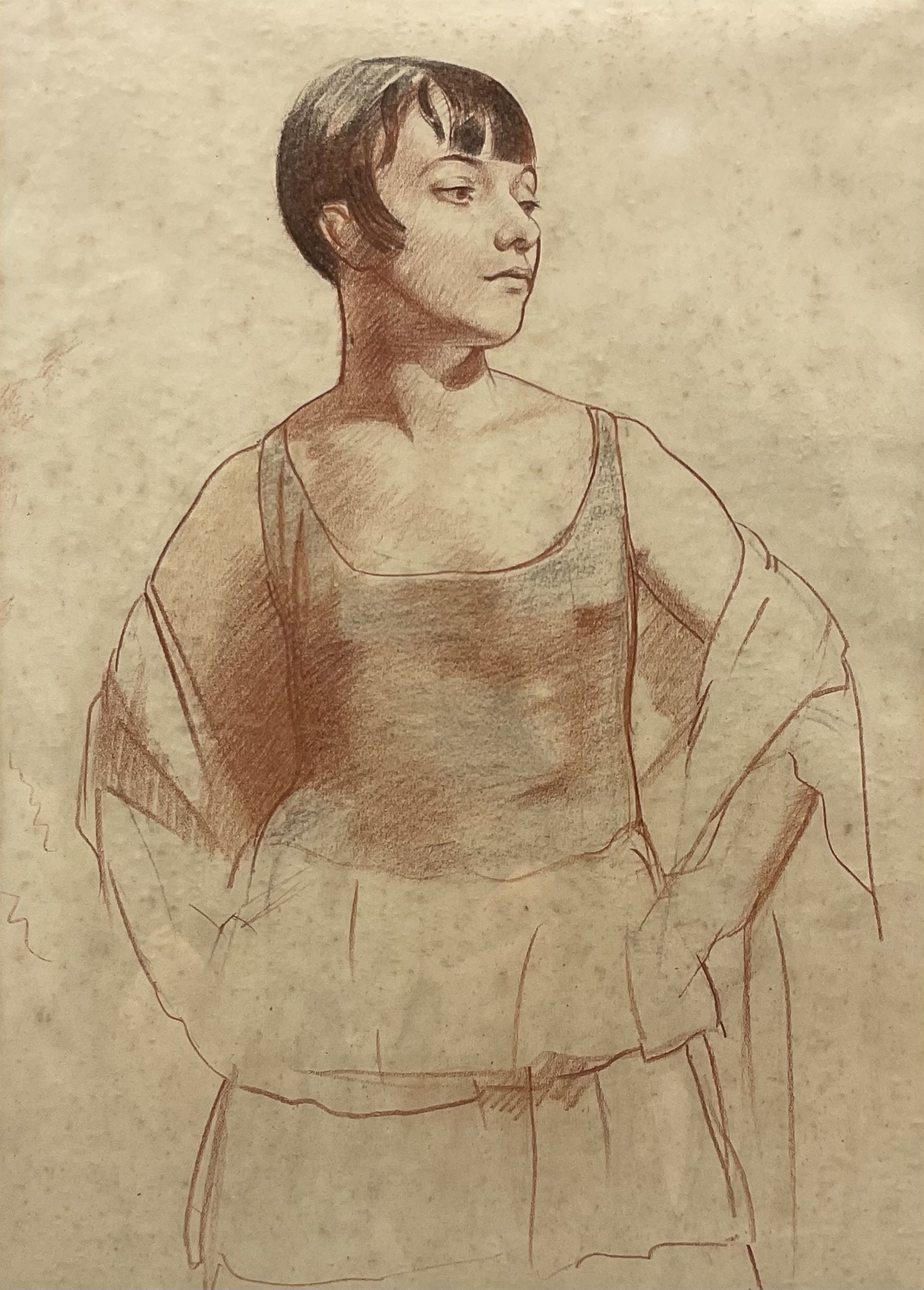 Dame Laura Knight (Staithes Group 1877-1970): Study of Lydia Lopokova, red chalk and charcoal unsigned 36cm x 27cm
Notes: for a comparison of style and materials see Knight's portrait of 2nd Lieut Francis Jack Chown, 1st Sqdn, RFC dated 1917. Lopokova was a model favoured by Knight on several occasions