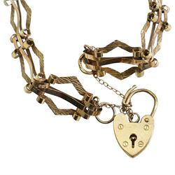 9ct gold fancy gate link bracelet, with heart locket clasp, hallmarked