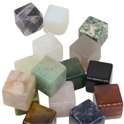 Fifteen cube mineral specimens, each cut and polished to highlight natural formations, including tiger eye, black obsidian, green aventurine, rose quartz, opalite, rhodonite etc, H2cm